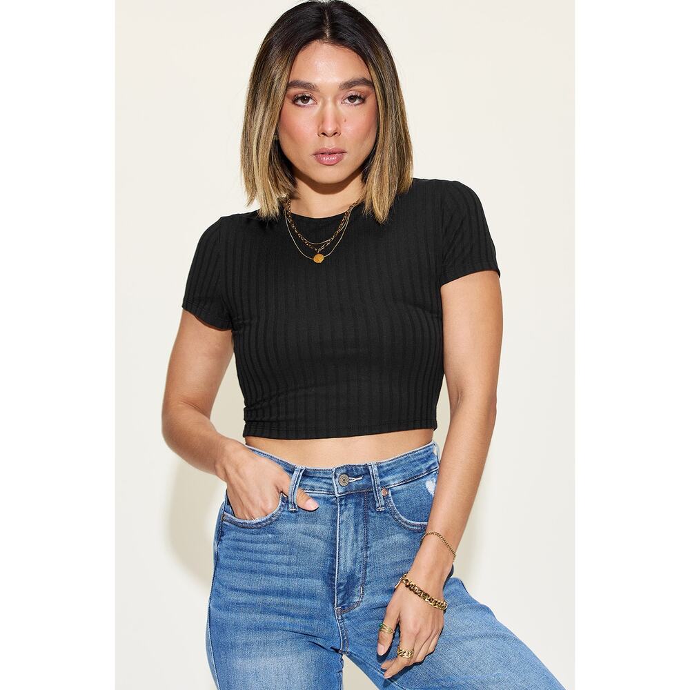 Basic Bae Black Ribbed Round Neck Short Sleeve Casual Cropped T-Shirt XL NEW